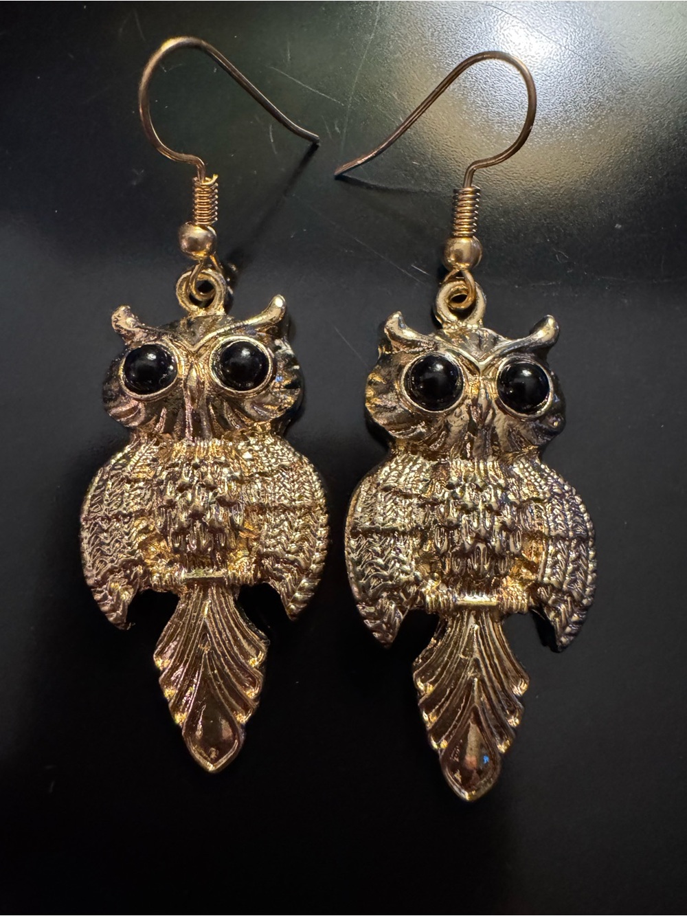 Gold Tone Owl Earrings Black Cabochon Eyes